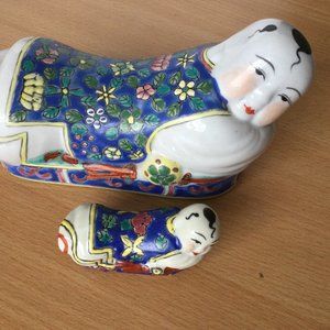 2 Vintage Chinese hand painted enamel baby pillow figurines boys 6" & 2.5" blue
